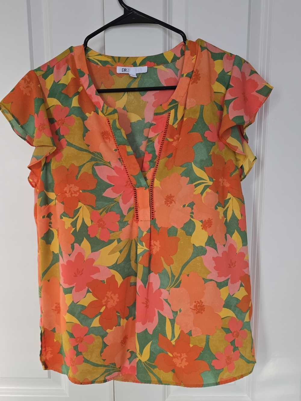 DR2 Coral & Green Floral Flutter Sleeve Top